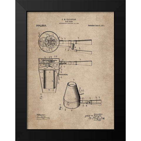 Patent Document of a Hair Dryer Black Modern Wood Framed Art Print by CAG