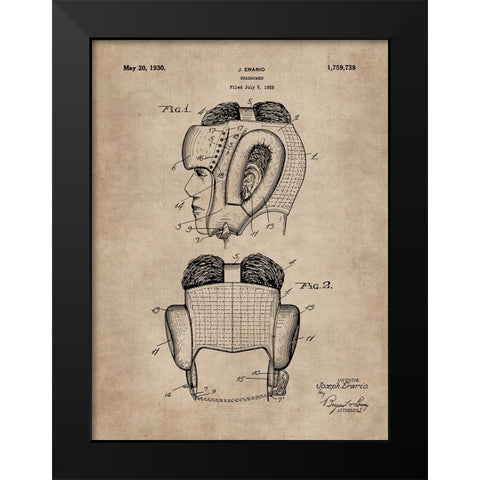 Patent Document of a Headguard for Boxers Black Modern Wood Framed Art Print by CAG