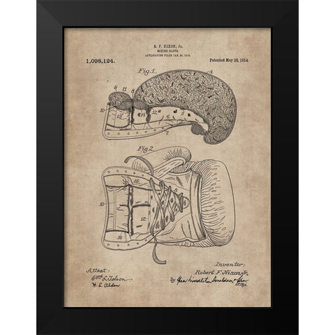 Patent Document of a Boxing Glove Black Modern Wood Framed Art Print by CAG