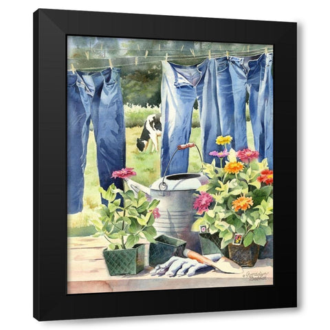 Blue jeans, Zinnias and Cow Black Modern Wood Framed Art Print by Babbitt, Gwendolyn