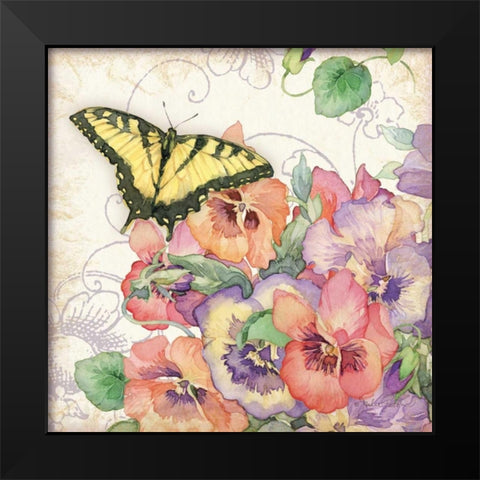 Pansies and Butterflies Black Modern Wood Framed Art Print by Paton, Julie