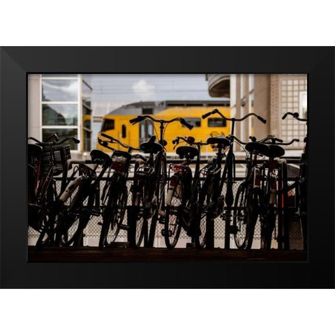 Bicycles at Centraal Station Black Modern Wood Framed Art Print by Berzel, Erin