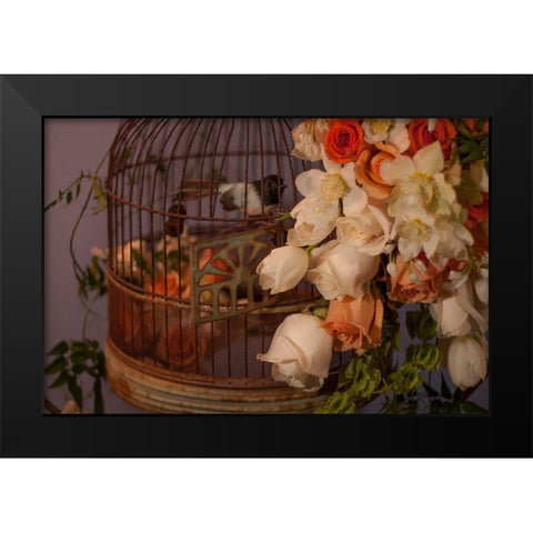Flowers and Bird Cage II Black Modern Wood Framed Art Print by Crane, Rita