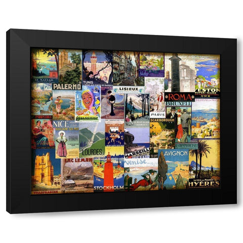 World City Tour Collage Black Modern Wood Framed Art Print by Art Licensing Studio