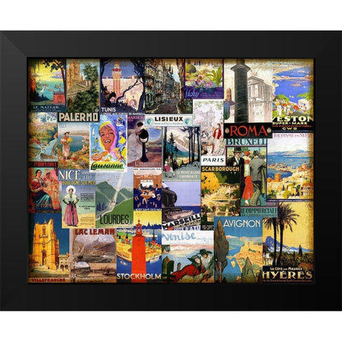 World City Tour Collage Black Modern Wood Framed Art Print by Art Licensing Studio