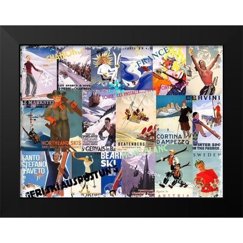 Ski Vacation Collage Black Modern Wood Framed Art Print by Art Licensing Studio