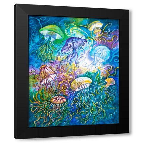 Jurassic Jelly Fish Black Modern Wood Framed Art Print by Bell, Bill