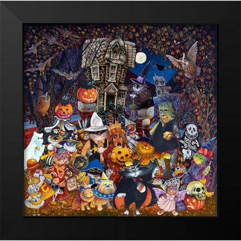 Cats and Dogs Halloween Black Modern Wood Framed Art Print by Bell, Bill