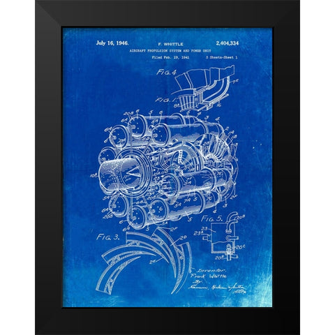 PP14-Faded Blueprint Jet Engine Patent Poster Black Modern Wood Framed Art Print by Borders, Cole