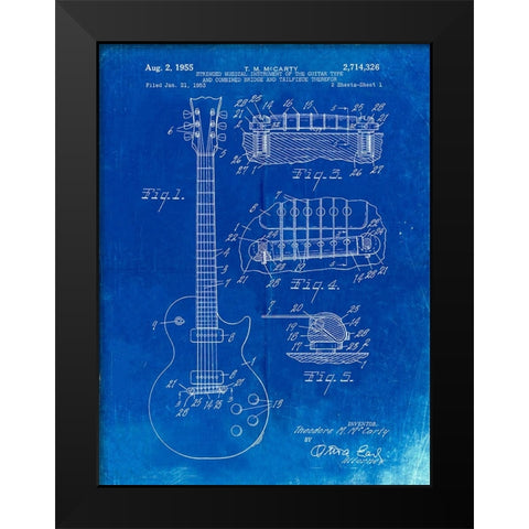 PP47-Faded Blueprint Gibson Les Paul Guitar Patent Poster Black Modern Wood Framed Art Print by Borders, Cole