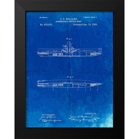 PP91-Faded Blueprint Holland Submarine Patent Poster Black Modern Wood Framed Art Print by Borders, Cole
