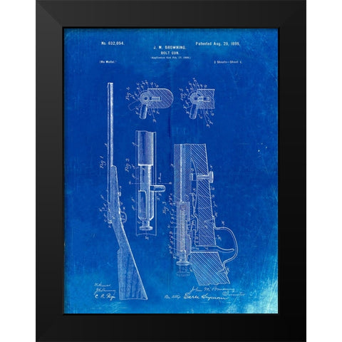 PP93-Faded Blueprint Browning Bolt Action Gun Patent Poster Black Modern Wood Framed Art Print by Borders, Cole