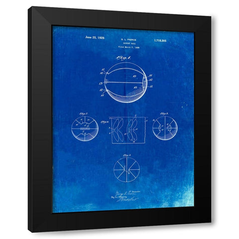 PP222-Faded Blueprint Basketball 1929 Game Ball Patent Poster Black Modern Wood Framed Art Print by Borders, Cole