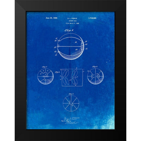 PP222-Faded Blueprint Basketball 1929 Game Ball Patent Poster Black Modern Wood Framed Art Print by Borders, Cole