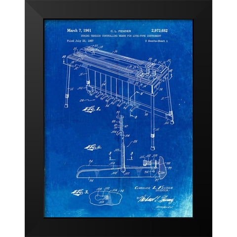 PP281-Faded Blueprint Fender Pedal Steel Guitar Patent Poster Black Modern Wood Framed Art Print by Borders, Cole