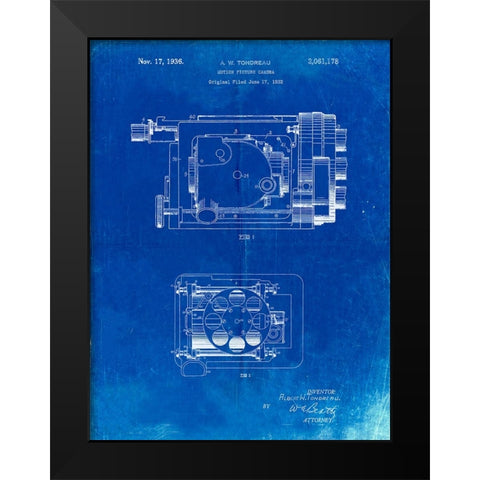 PP390-Faded Blueprint Motion Picture Camera 1932 Patent Poster Black Modern Wood Framed Art Print by Borders, Cole