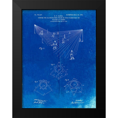 PP416-Faded Blueprint Baseball Field Lights Patent Poster Black Modern Wood Framed Art Print by Borders, Cole