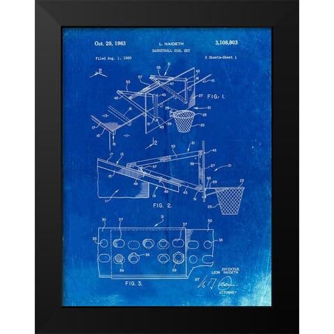 PP454-Faded Blueprint Basketball Adjustable Goal 1962 Patent Poster Black Modern Wood Framed Art Print by Borders, Cole
