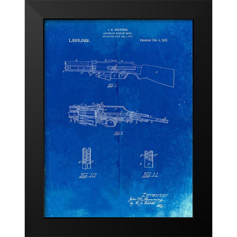 PP469-Faded Blueprint M1919 Browning Automic Rifle Patent Poster Black Modern Wood Framed Art Print by Borders, Cole