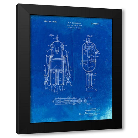 PP479-Faded Blueprint Deep Sea Diving Suit Patent Poster Black Modern Wood Framed Art Print by Borders, Cole