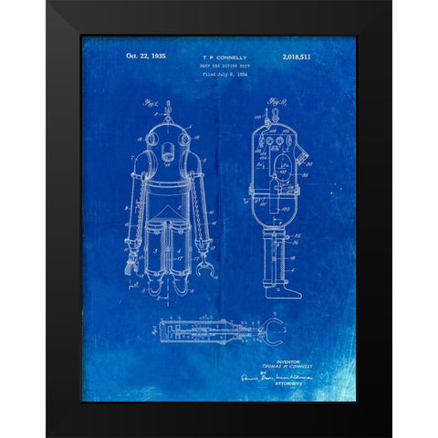 PP479-Faded Blueprint Deep Sea Diving Suit Patent Poster Black Modern Wood Framed Art Print by Borders, Cole