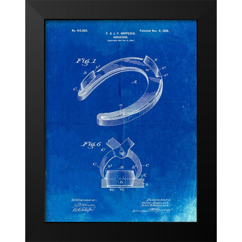 PP523-Faded Blueprint Horseshoe Patent Poster Black Modern Wood Framed Art Print by Borders, Cole