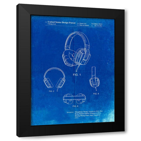 PP550-Faded Blueprint Headphones Patent Poster Black Modern Wood Framed Art Print by Borders, Cole