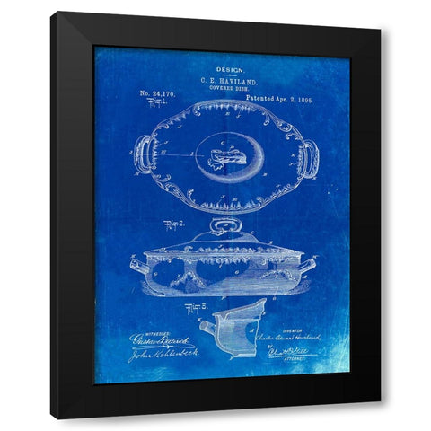 PP657-Faded Blueprint Haviland Covered Serving Dish Canvas Art Black Modern Wood Framed Art Print with Double Matting by Borders, Cole
