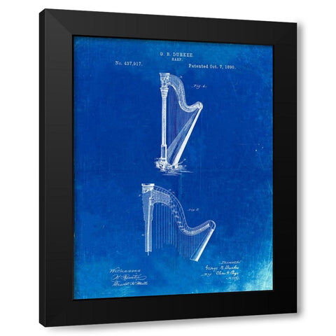 PP662-Faded Blueprint Harp Instrument 1890 Patent Poster Black Modern Wood Framed Art Print with Double Matting by Borders, Cole