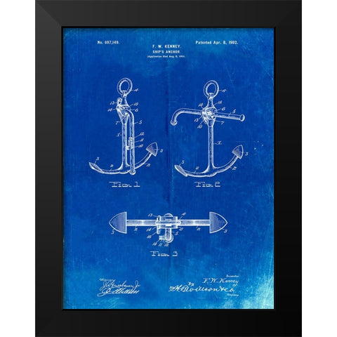 PP745-Faded Blueprint Boat Anchor Patent Poster Black Modern Wood Framed Art Print by Borders, Cole