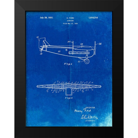 PP849-Faded Blueprint Ford Tri-Motor Airplane "The Tin Goose" Patent Poster Black Modern Wood Framed Art Print by Borders, Cole