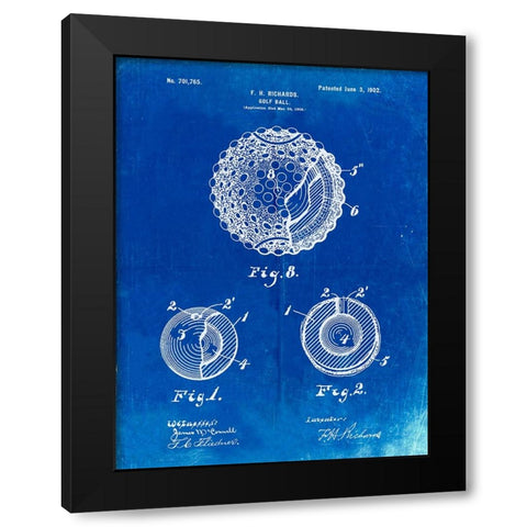 PP856-Faded Blueprint Golf Ball 1902 Patent Poster Black Modern Wood Framed Art Print by Borders, Cole