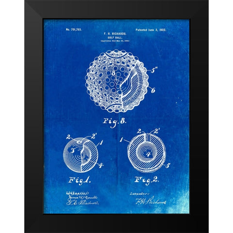PP856-Faded Blueprint Golf Ball 1902 Patent Poster Black Modern Wood Framed Art Print by Borders, Cole