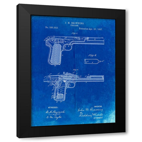 PP894-Faded Blueprint J.M. Browning Pistol Patent Poster Black Modern Wood Framed Art Print by Borders, Cole