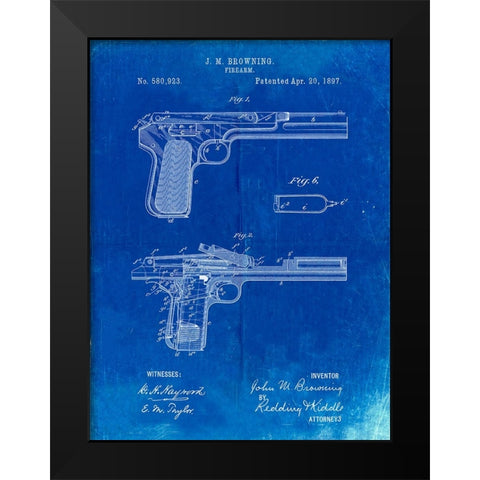 PP894-Faded Blueprint J.M. Browning Pistol Patent Poster Black Modern Wood Framed Art Print by Borders, Cole