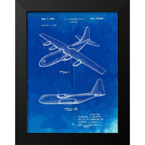 PP943-Faded Blueprint Lockheed C-130 Hercules Airplane Patent Poster Black Modern Wood Framed Art Print by Borders, Cole