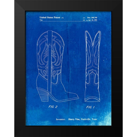 PP1098-Faded Blueprint Texas Boot Company 1983 Cowboy Boots Patent Poster Black Modern Wood Framed Art Print by Borders, Cole