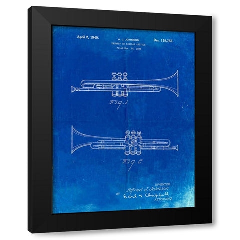 PP1140-Faded Blueprint York Trumpet 1939 Patent Poster Black Modern Wood Framed Art Print with Double Matting by Borders, Cole