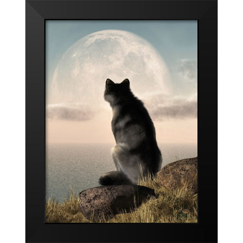 Wolf Watching The Moonrise Black Modern Wood Framed Art Print by Eskridge, Daniel