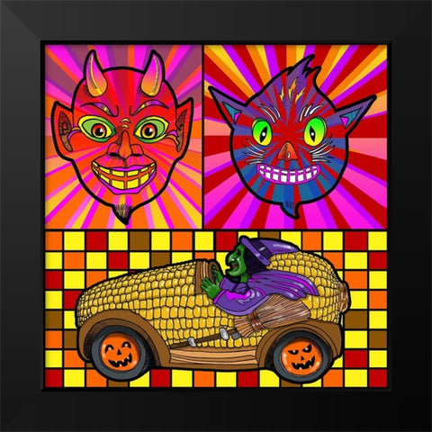 Devil Cat Witch Corn Cob Car Black Modern Wood Framed Art Print by Green, Howie