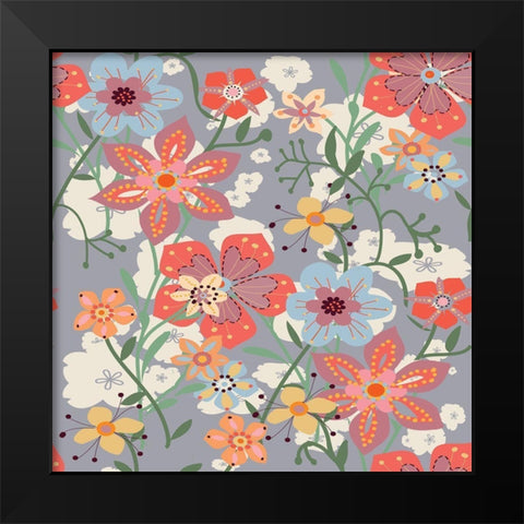 Layers Of Flowers Black Modern Wood Framed Art Print by HUE and MI and Sangita