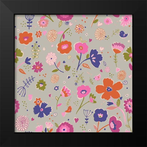 Pink And Blue Flowers Black Modern Wood Framed Art Print by HUE and MI and Sangita