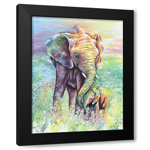 Mother And Baby Elephant Rainbow Colors Black Modern Wood Framed Art Print by Wickstrom, Martin