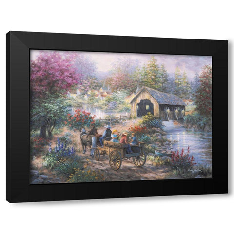 Merriment At Covered Bridge Black Modern Wood Framed Art Print with Double Matting by Boehme, Nicky
