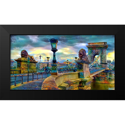 Budapest Hungary Chain Bridge Black Modern Wood Framed Art Print by Gavidia, Pedro