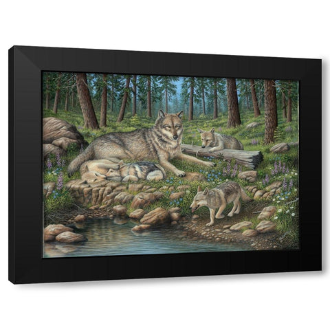 Grey Wolf Mother And Pups Black Modern Wood Framed Art Print by Wavra, Robert
