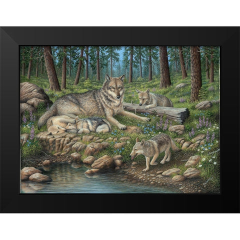 Grey Wolf Mother And Pups Black Modern Wood Framed Art Print by Wavra, Robert