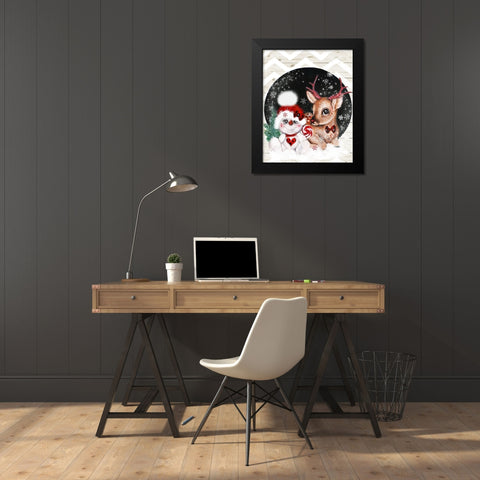 Rudolph and his Snowman Pal Black Modern Wood Framed Art Print by Sheena Pike Art
