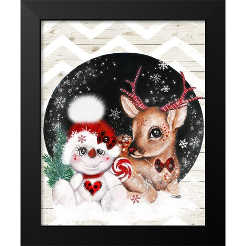 Rudolph and his Snowman Pal Black Modern Wood Framed Art Print by Sheena Pike Art