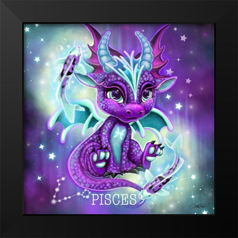 Zodiac Lil Dragonz Pisces Black Modern Wood Framed Art Print by Sheena Pike Art